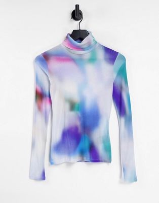 Weekday Chie cotton blur print roll neck top in blue-Blues