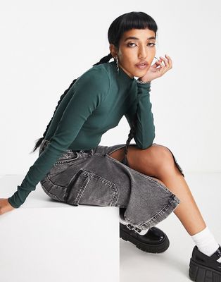 Weekday Close fitted turtle neck long sleeve top in dark green