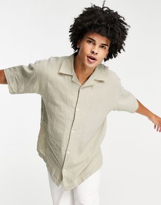 Weekday coffee oversized linen short sleeve shirt in stone-Neutral