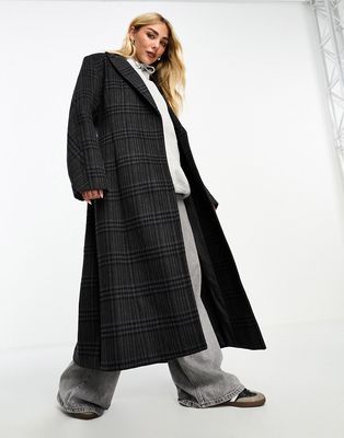 Weekday Delila wool blend sleek structured coat in dark gray check