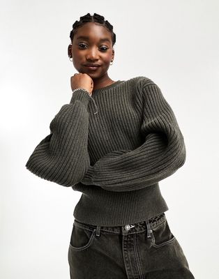 Weekday Dion chunky knitted sweater with exaggerated sleeves in dark green melange