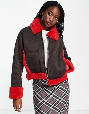Weekday Enzo suedette bonded faux shearling jacket in brown with red contrasts