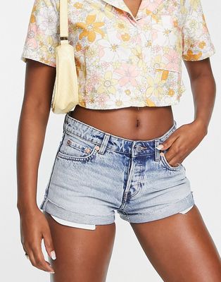 Weekday Fire cotton blend low rise denim shorts in spring blue