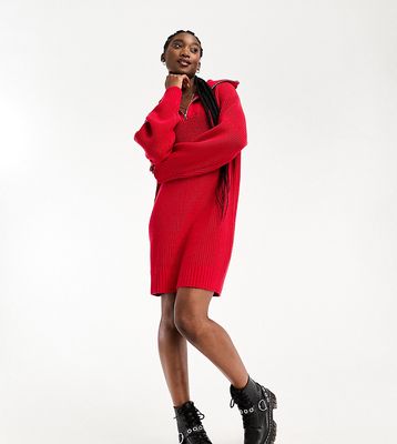 Weekday Grace half zip mini sweater dress in red exclusive to ASOS
