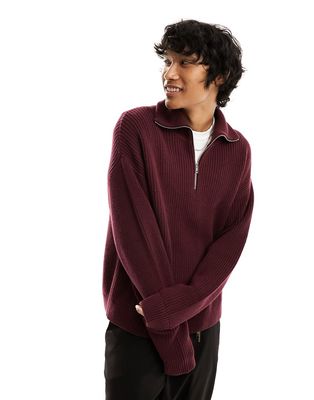 Weekday Harry wool blend half zip sweater in burgundy-Red