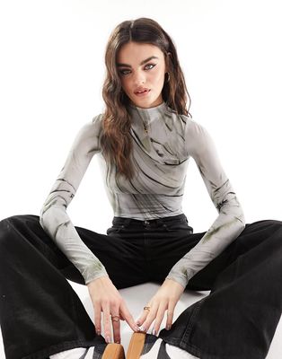 Weekday high neck mesh top in gray abstract print