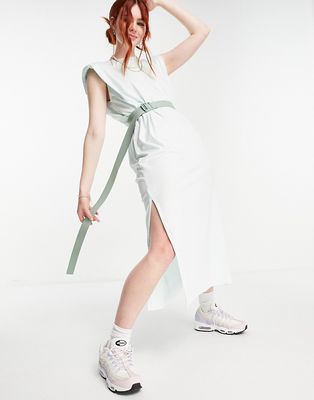 Weekday Kai cotton midi t-shirt dress with shoulder pads in green