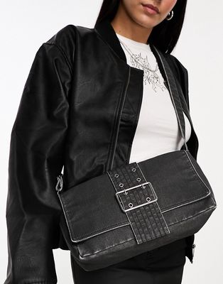 Weekday Kylie denim shoulder bag with buckle in black