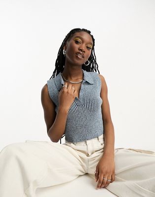 Weekday Liv knitted cropped polo tank top in blue