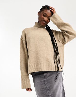 Weekday Maggie wool turtle neck sweater with exposed seam detail and wider sleeves in beige melange-Neutral