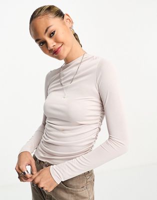Weekday Main asymmetric ruched long sleeve top in stone-Neutral