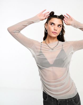 Weekday Main sheer long sleeve top with side ruche detail in gray