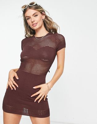 Weekday mixed crochet knitted mini dress in brown