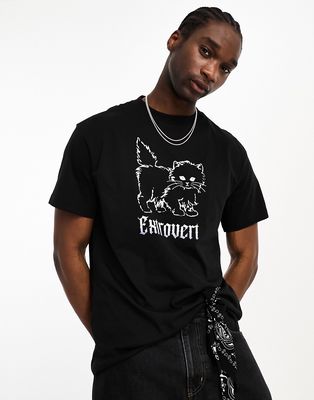 Weekday oversized graphic t-shirt with extrovert cat print in black