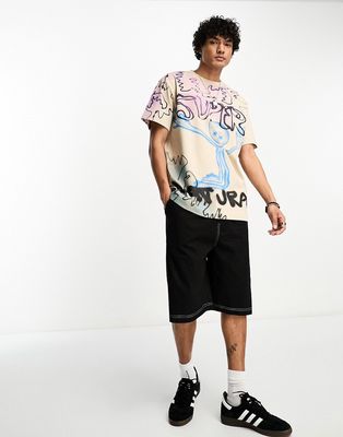 Weekday oversized t-shirt with super alien graphic in beige-Neutral