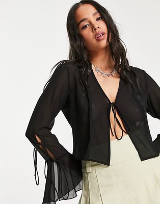 Weekday polyester chiffon tie front top in black - BLACK