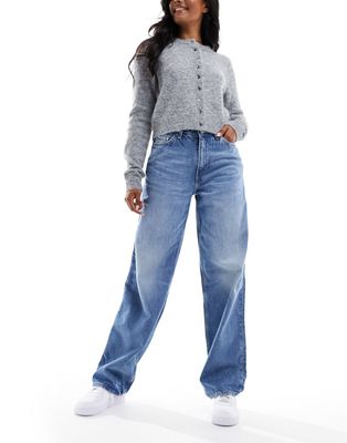 Weekday Rail mid waist loose fit straight leg jeans in seventeen blue