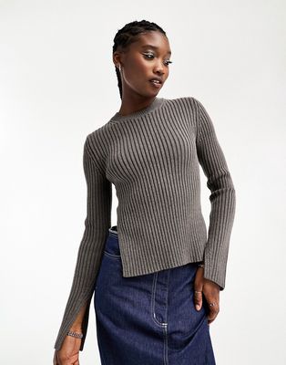 Weekday Rora ribbed knit sweater with side splits in dark gray melange