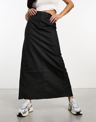 Weekday Rose wax coated maxi skirt with split in black