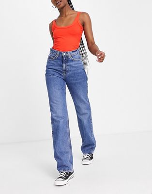 Weekday Rowe cotton super high rise straight leg jeans in mid wash blue - MBLUE-Blues