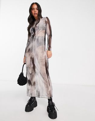 Weekday Shae exclusive long sleeve mesh midi dress in broken screen print-Gray