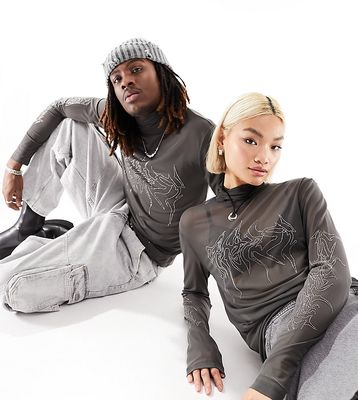 Weekday Unisex mesh high neck long sleeve T-shirt with rhinestone graphics in charcoal exclusive to ASOS-Gray