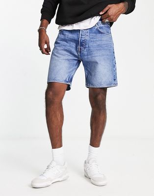 Weekday Vacant straight fit denim shorts in mid blue