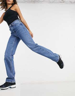 Weekday Voyage cotton high rise straight leg jeans in sea blue - MBLUE-Blues