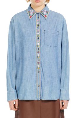 Weekend Max Mara Udine Floral Embroidered Chambray Button-Up Shirt in Navy