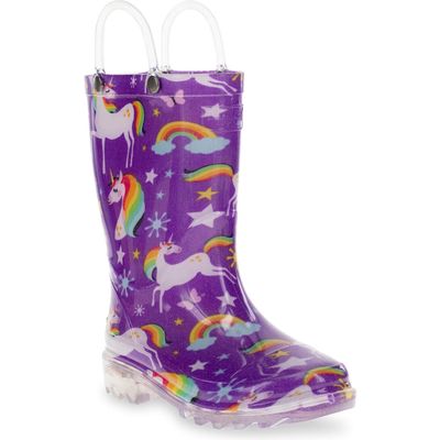 Western Chief Kids' Rainbow Unicorn Light-Up Waterproof Rain Boot in Purple 