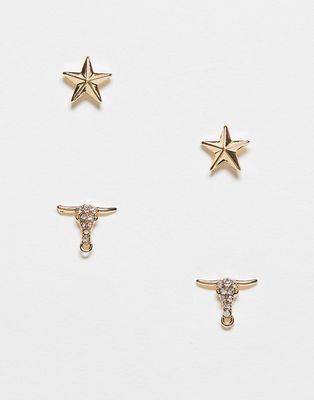 WFTW crystal earring set with star and ramshead studs in gold