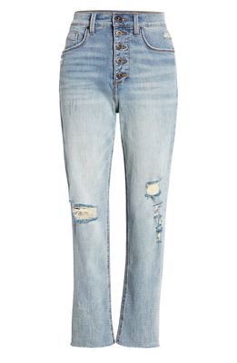 Whetherly Pierce Distressed Button Fly High Waist Crop Straight Leg Jeans in Light Montemerano