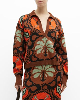 Whimsical Palm Tree Collared Knit Top