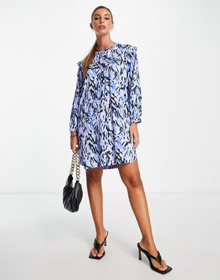Whistles button front mini dress with shoulder detail in blue abstract print