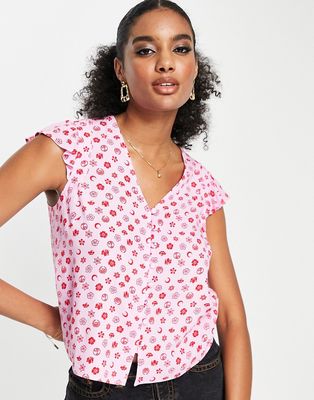Whistles button front top in pink icon print