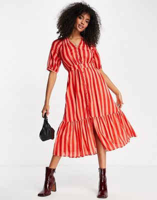 Whistles cotton v-neck maxi shirt dress in candy red stripe