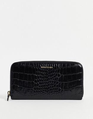 Whistles faux croc zip round wallet in black