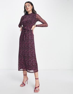 Whistles high neck midi dress with sheer sleeve in floral-Pink