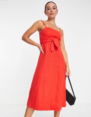 Whistles linen tie front strappy midi dress in red
