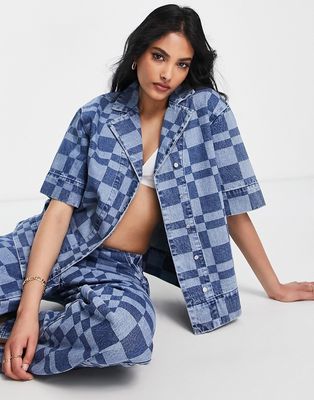 Whistles oversized short sleeve denim dad shirt in abstract checkerboard - part of a set-Blue
