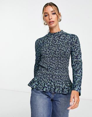 Whistles shirred blouse in blue star print
