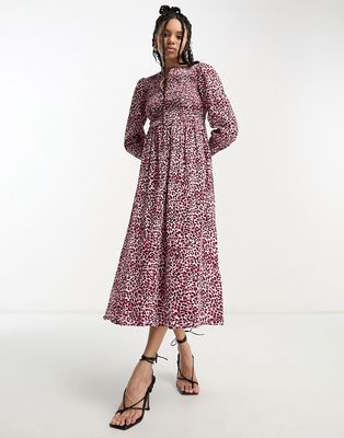Whistles shirred bust midi dress in pink leopard