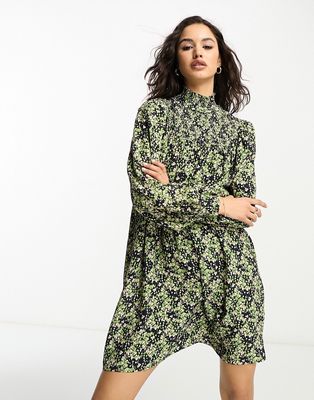 Whistles shirred smock dress in green and pink smudge-Multi
