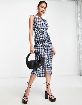 Whistles sleeveless midi dress with ruched front in blue check
