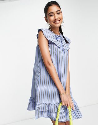 Whistles sleeveless mini dress with oversized collar in blue stripe