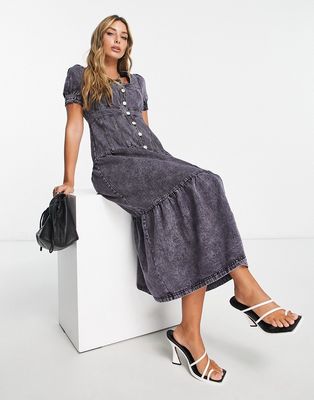 Whistles structured denim maxi dress in acid wash-Gray