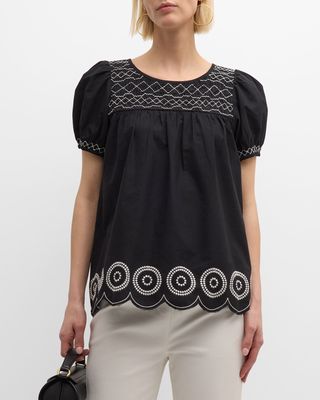 Whit Embroidered Scallop Raw-Cut Top