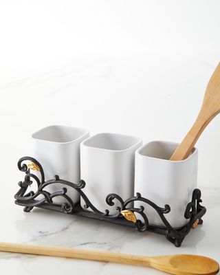 White 3-Piece Stoneware Utensil Holder with Metal Gold Leaf Base
