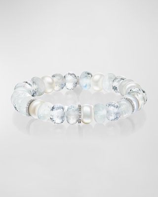 White 8mm Mixed Bead Bracelet with 3 Diamond Rondelles