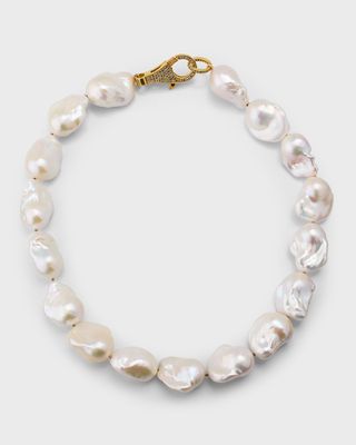 White Baroque Pearl, Gold Vermeil and Diamond Clasp Necklace, 18"L